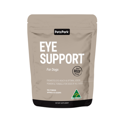 PetzPark Eye Support powder for dogs, roast beef flavor, 90g supplement for canine eye health and vision.
