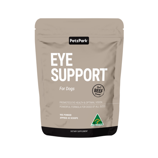 PetzPark Eye Support powder for dogs, roast beef flavor, 90g supplement for canine eye health and vision.