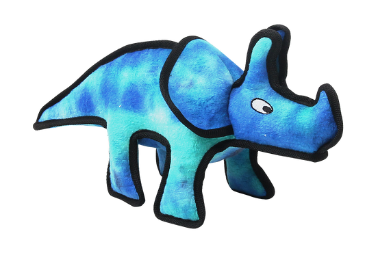 Blue and turquoise Pawise Multi Tuff dinosaur dog toy shaped like a triceratops with durable fabric and embroidered eyes