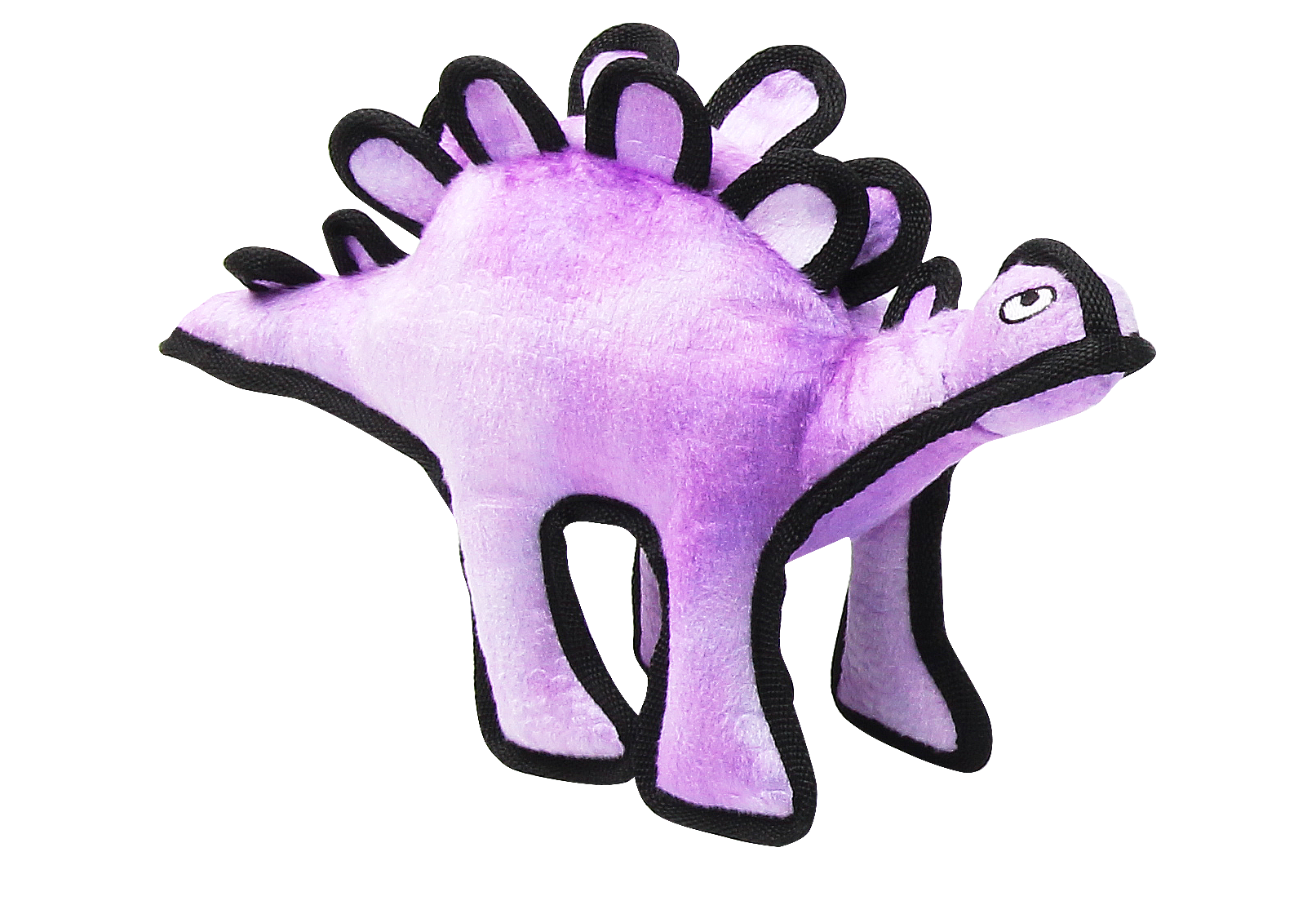 Purple plush Stegosaurus dog toy with durable black trim, embroidered eyes, and squeaker, designed for tough play by Pawise.