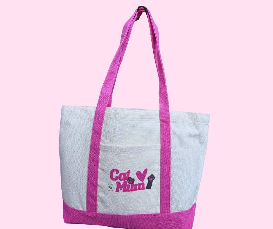 Eco-friendly cotton drill tote bag with pink handles and Cat Mum design on front pocket