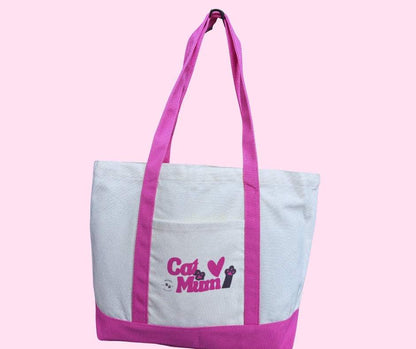 Eco-friendly cotton drill tote bag with pink handles and Cat Mum design on front pocket