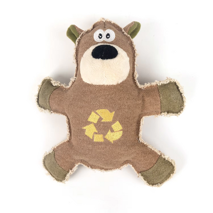 Indestructible Tuffy the Teddy dog toy with embroidered eyes and durable fabric.