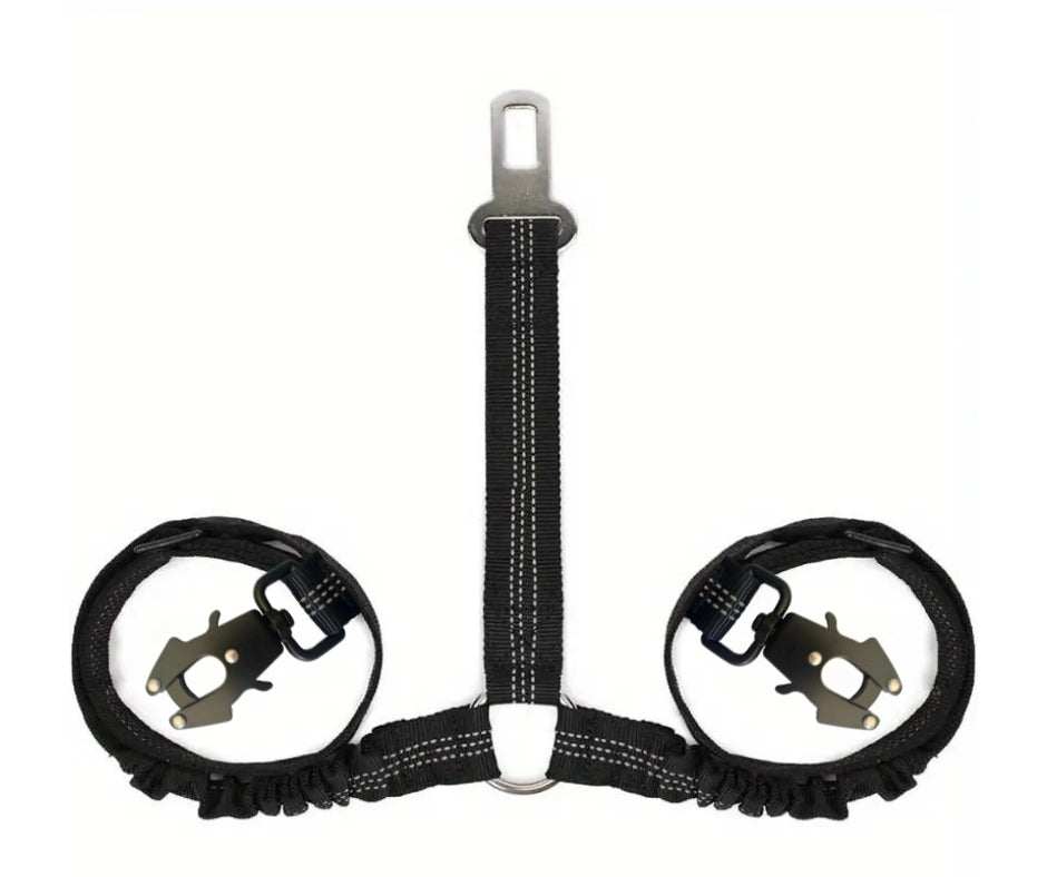 Double dog seatbelt with adjustable elastic bungee, reflective Y-shaped design for safe car travel