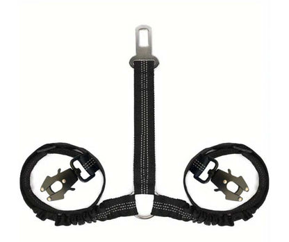 Double dog seatbelt with adjustable elastic bungee, reflective Y-shaped design for safe car travel