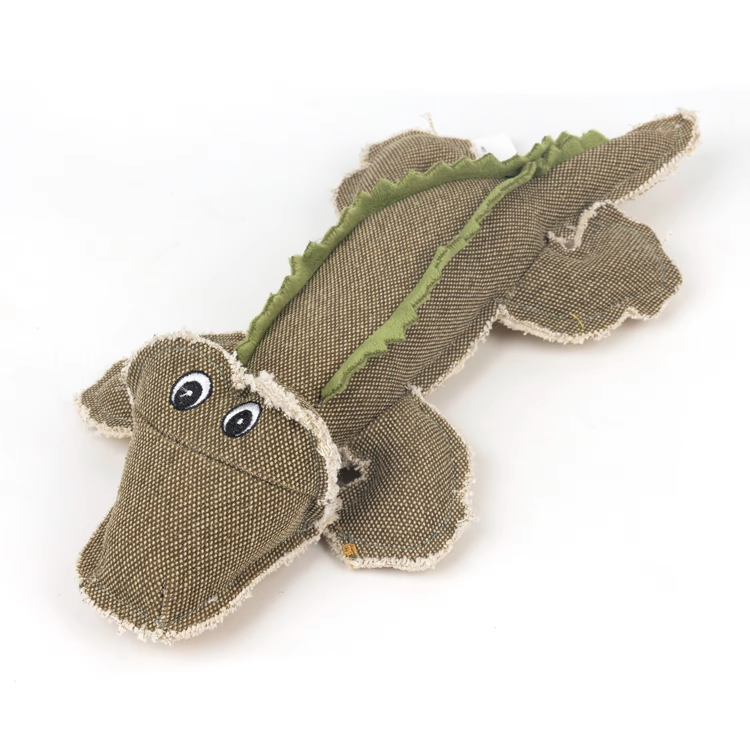 Durable green crocodile dog toy with embroidered eyes, part of the Pawise Real Tuff Dog Toys collection.