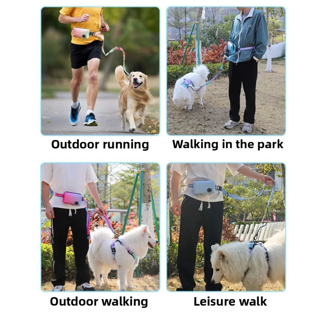 Reflective dog bungee leash with waist bag and poop dispenser for hands-free running and walking outdoors