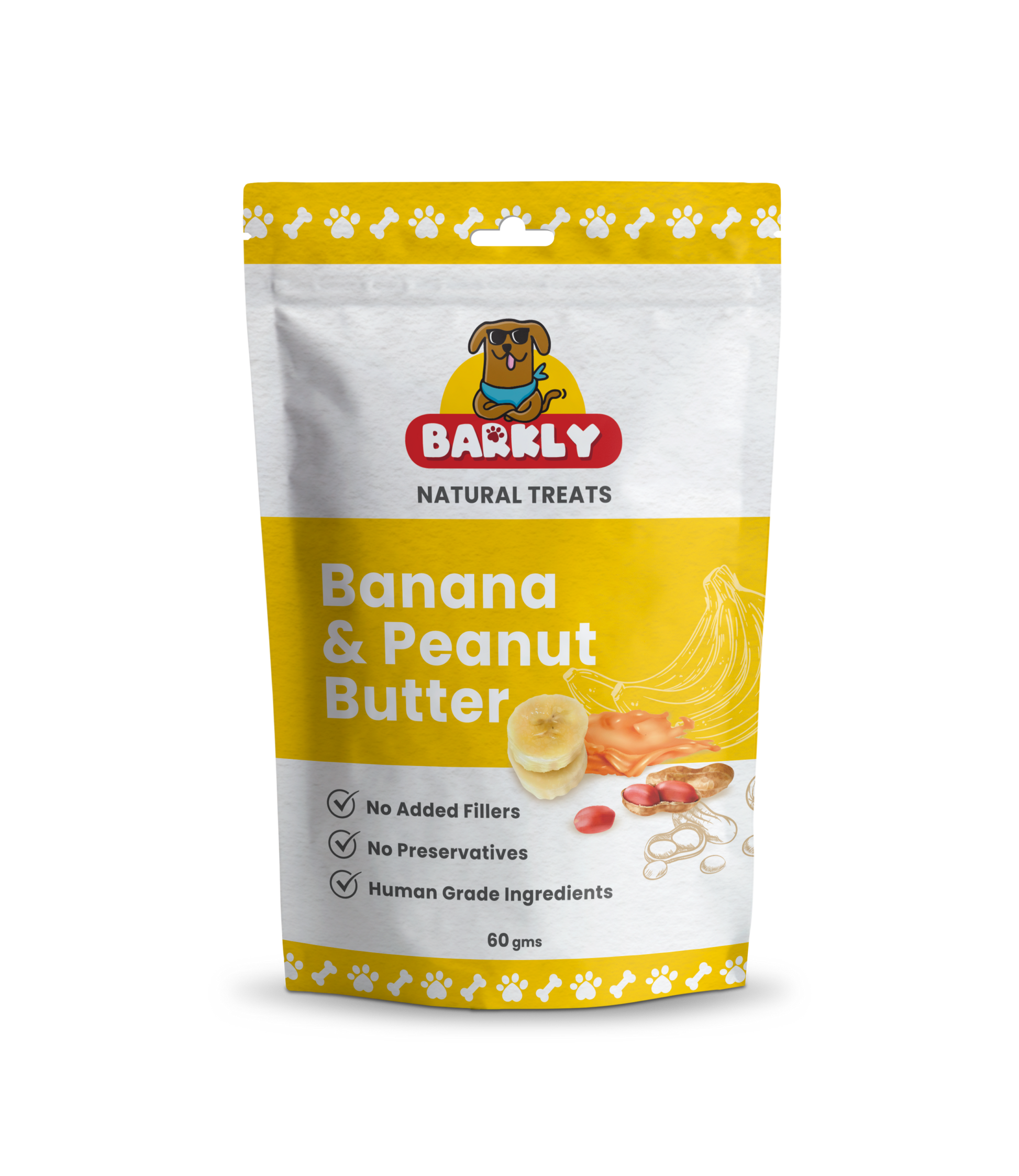 Banana and peanut butter dog treats packaging showcasing natural ingredients and crunchy texture.