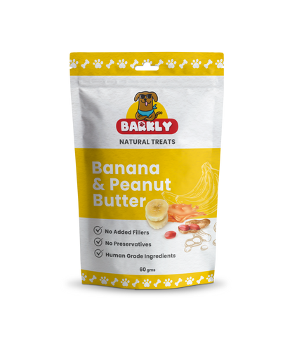 Banana and peanut butter dog treats packaging showcasing natural ingredients and crunchy texture.