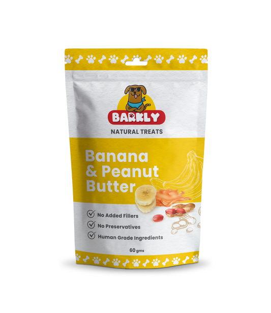 Banana and peanut butter dog treats packaging showcasing natural ingredients and crunchy texture.