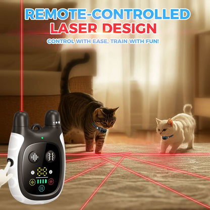 Advanced Remote Cat Trainer with laser design and two cats playing with remote-controlled red laser beams indoors
