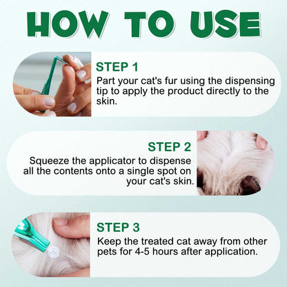 Instructions for applying Oimmal flea and tick treatment on cats over 8 weeks or 680g.