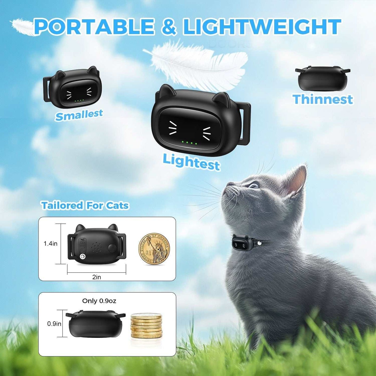 Advanced Remote Cat Trainer lightweight black collar device with multiple modes shown with cat outdoors
