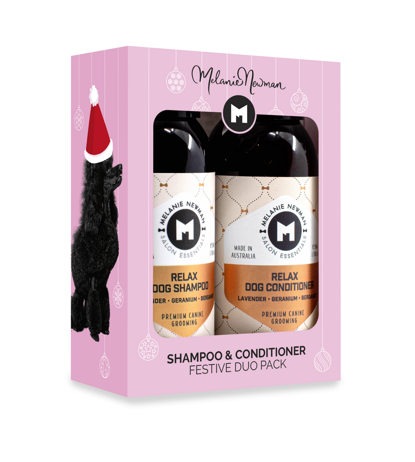 Melanie Newman Duo Sample Pack Shampoo and Conditioner in festive packaging.