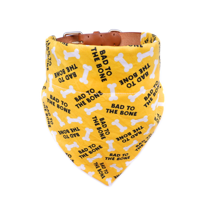 Dog bandana - Bad to the Bone, yellow with bone pattern.