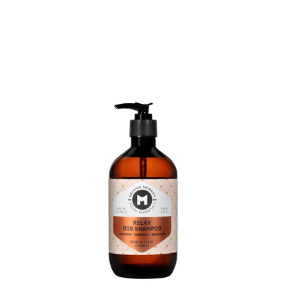 Melanie Newman Relax Dog Shampoo bottle with natural ingredients and essential oils.