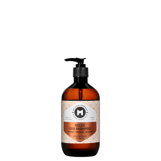 Melanie Newman Relax Dog Shampoo bottle with natural ingredients and essential oils.