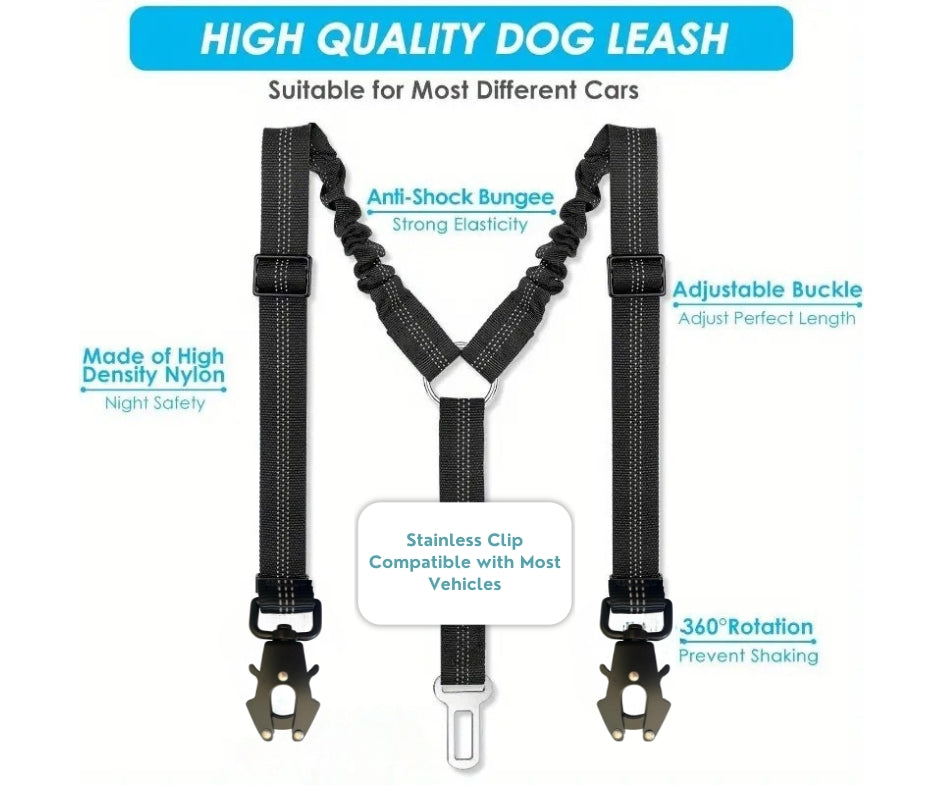 Double Dog Seatbelt with adjustable Y-shape design, reflective stitching, and elastic bungee for safe and comfortable pet travel in vehicles
