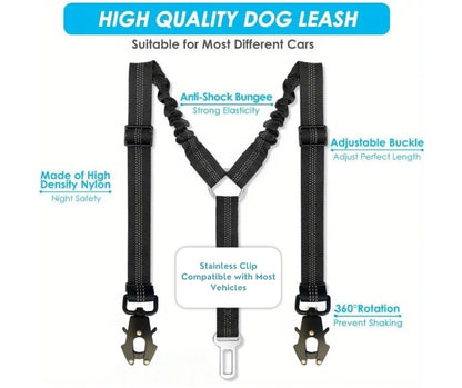 Double Dog Seatbelt with adjustable Y-shape design, reflective stitching, and elastic bungee for safe and comfortable pet travel in vehicles