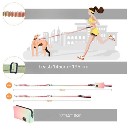 Reflective dog bungee leash with adjustable length, hands-free waist belt, and attached storage bag with poop dispenser.