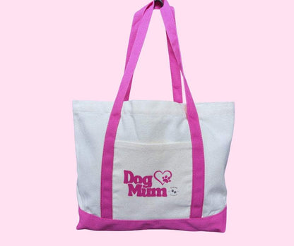 Eco-friendly cotton drill tote bag with pink handles and "Dog Mum" design, reusable and washable.