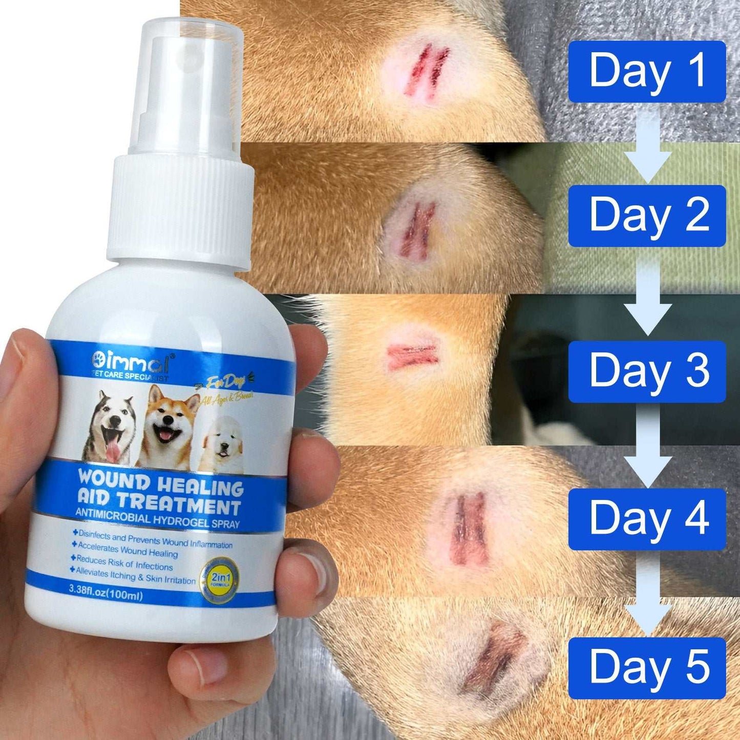 Oimmal Dog Wound Healing Aid antimicrobial hydrogel spray with healing progress on dog skin from day 1 to day 5, promoting fast and gentle dog wound care