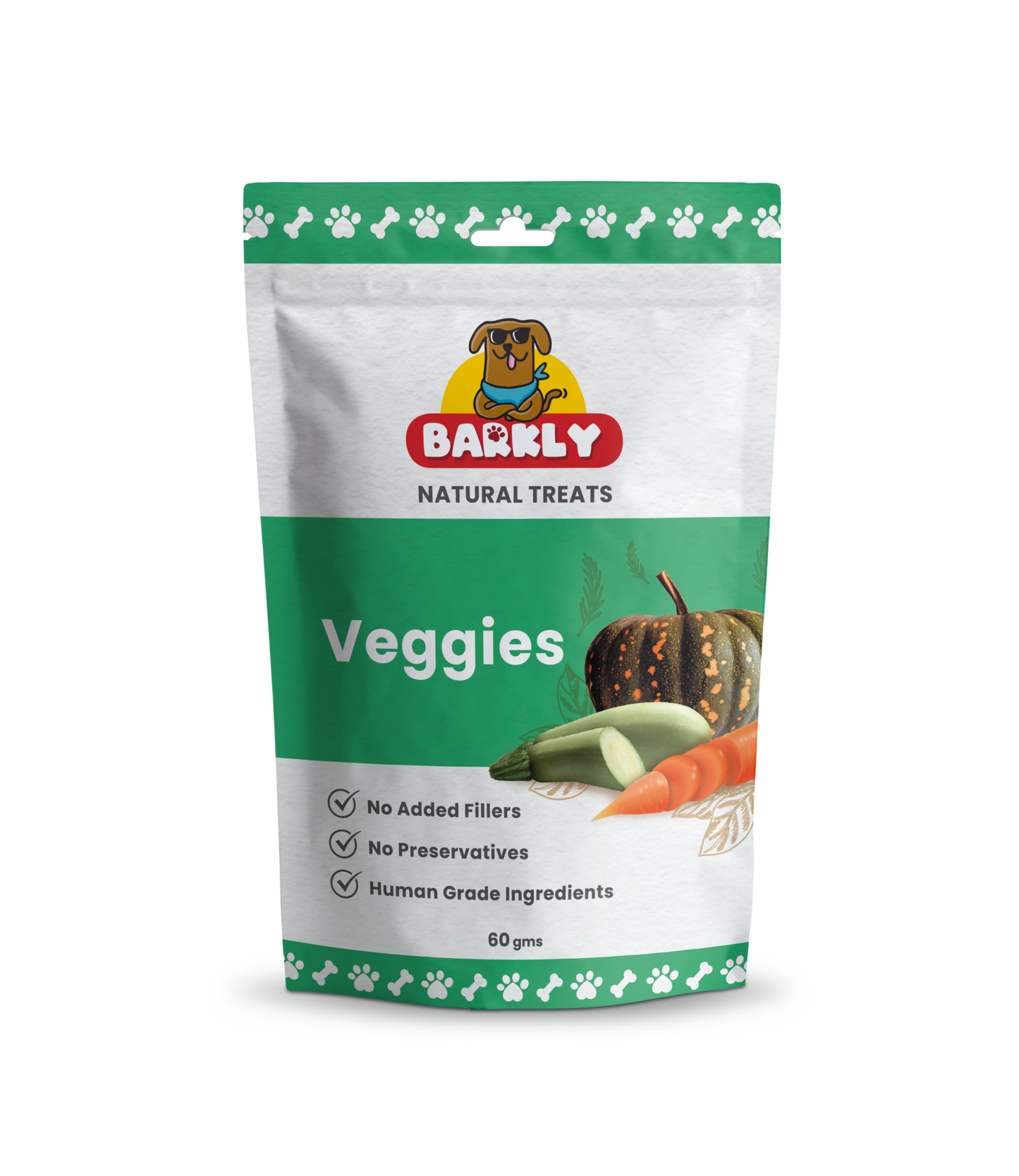 Barkly Veggies dog treats with vegetable blend and peanut butter flavor.