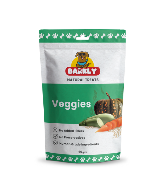 Barkly Veggies dog treats with vegetable blend and peanut butter flavor.