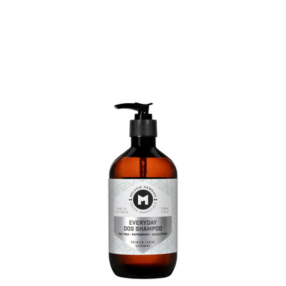 Melanie Newman Everyday Dog Shampoo bottle with Tea Tree, Peppermint, and Eucalyptus for a refreshing wash.