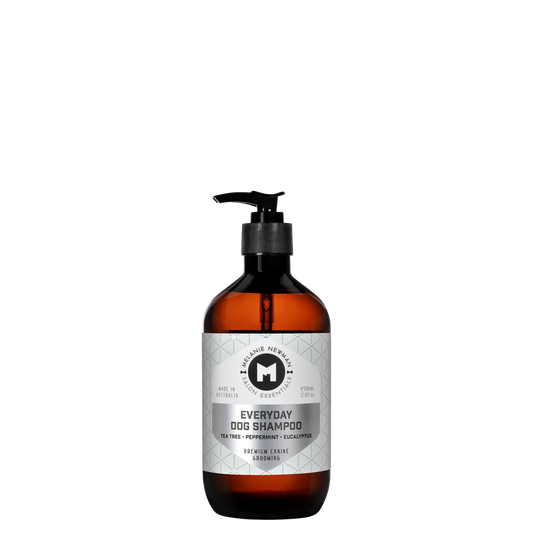 Melanie Newman Everyday Dog Shampoo bottle with Tea Tree, Peppermint, and Eucalyptus for a refreshing wash.