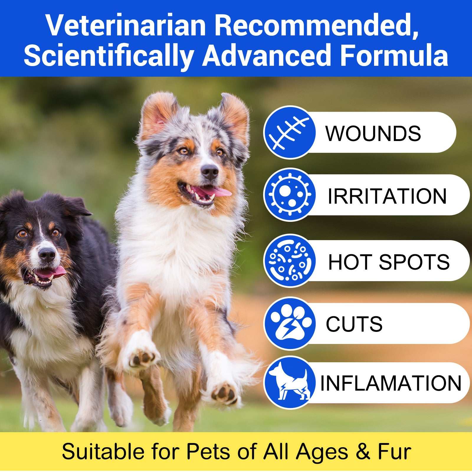 Veterinarian recommended wound healing aid spray for dogs to treat wounds, irritation, hot spots, cuts, and inflammation suitable for all ages and fur types