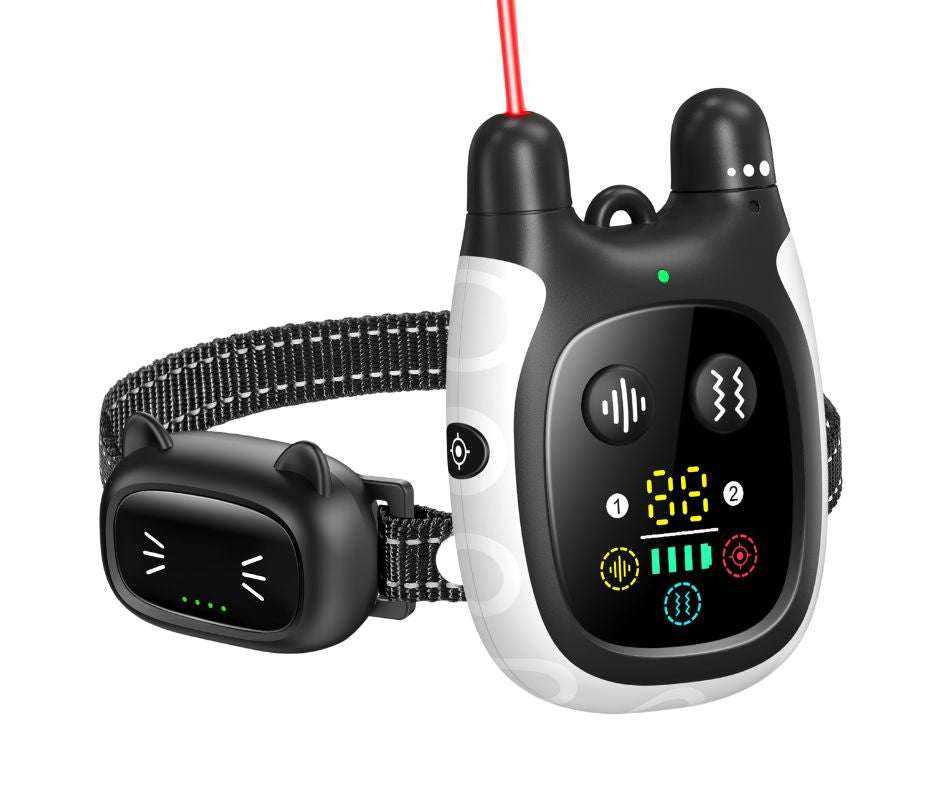 Advanced Remote Cat Trainer with tone, vibration, and laser play modes, including a wrist strap and sleek black design