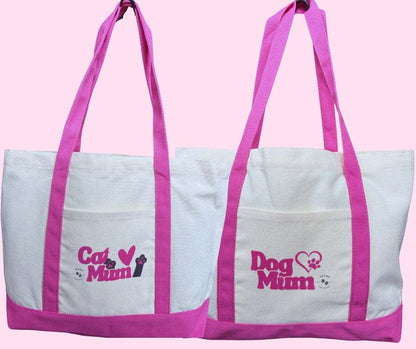 Eco-friendly cotton drill tote bags with pink handles featuring Cat Mum and Dog Mum designs, reusable and washable.