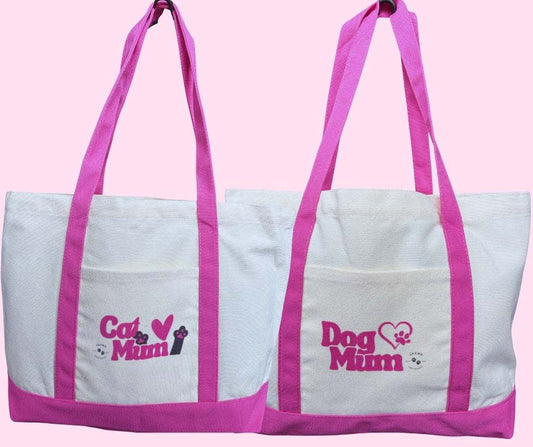 Eco-friendly cotton drill tote bags with pink handles featuring Cat Mum and Dog Mum designs, reusable and washable.