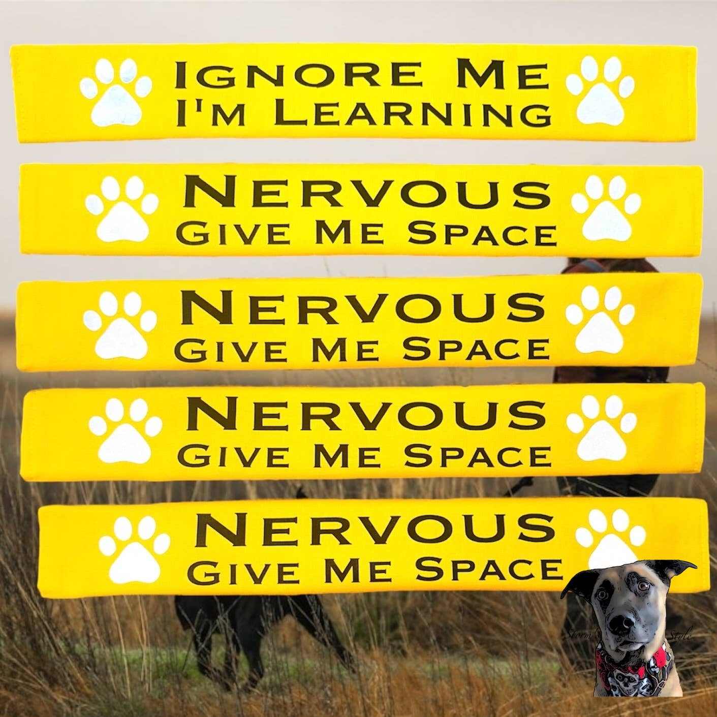 Yellow lead slips with reflective paw design and text for managing pet behavior, featuring messages like "Ignore Me I'm Learning" and "Nervous Give Me Space," crafted from cotton with velcro attachments.