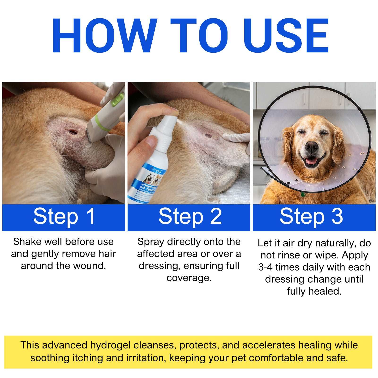 Dog wound care hydrogel spray application on dog’s skin for wound healing and infection prevention