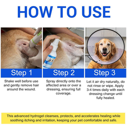 Dog wound care hydrogel spray application on dog’s skin for wound healing and infection prevention