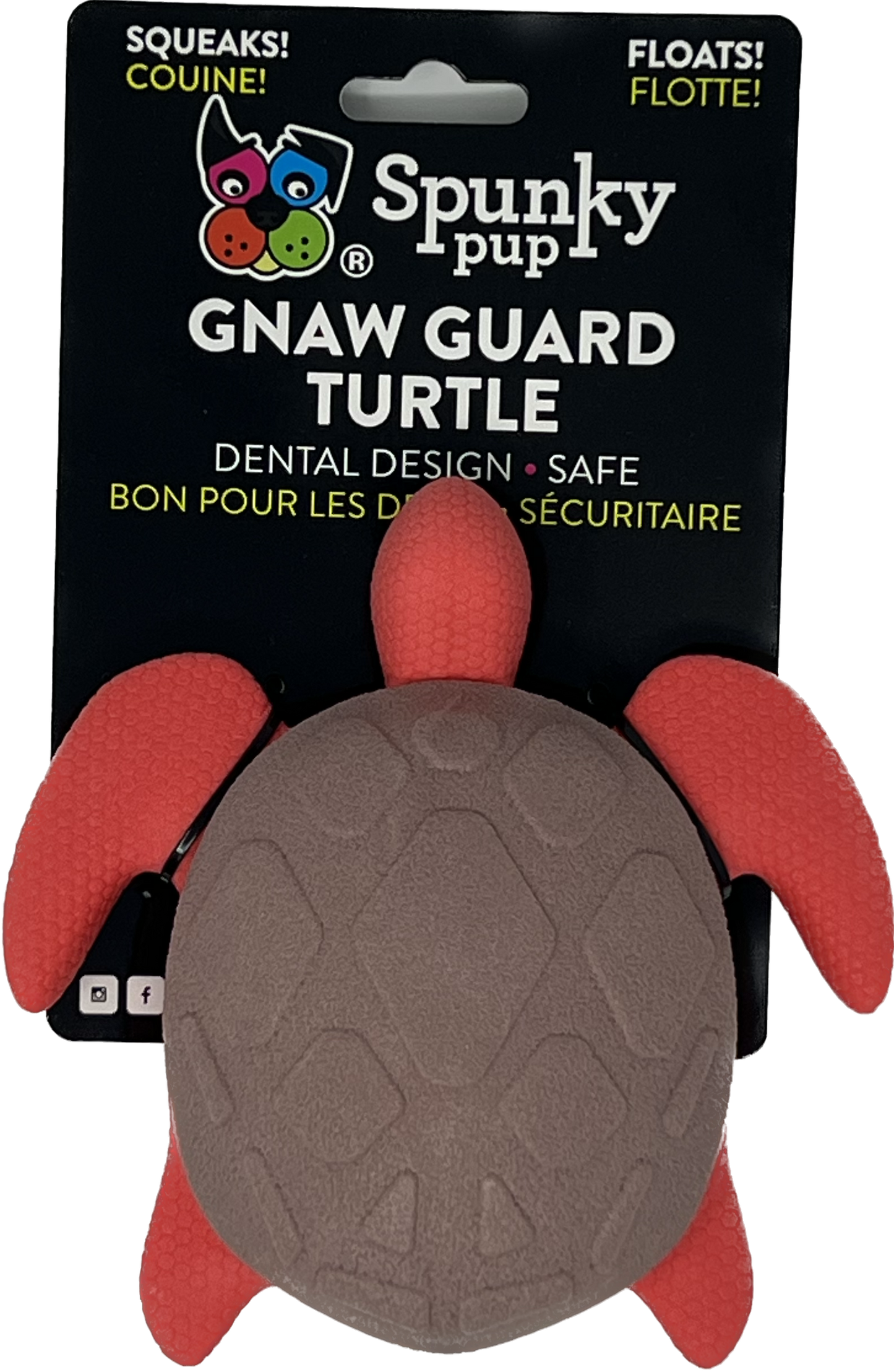 Gnaw Guard Squeakers Dog Toy - Turtle design, Spunky Pup dental chew, orange and grey, floats.