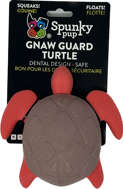 Gnaw Guard Squeakers Dog Toy - Turtle design, Spunky Pup dental chew, orange and grey, floats.