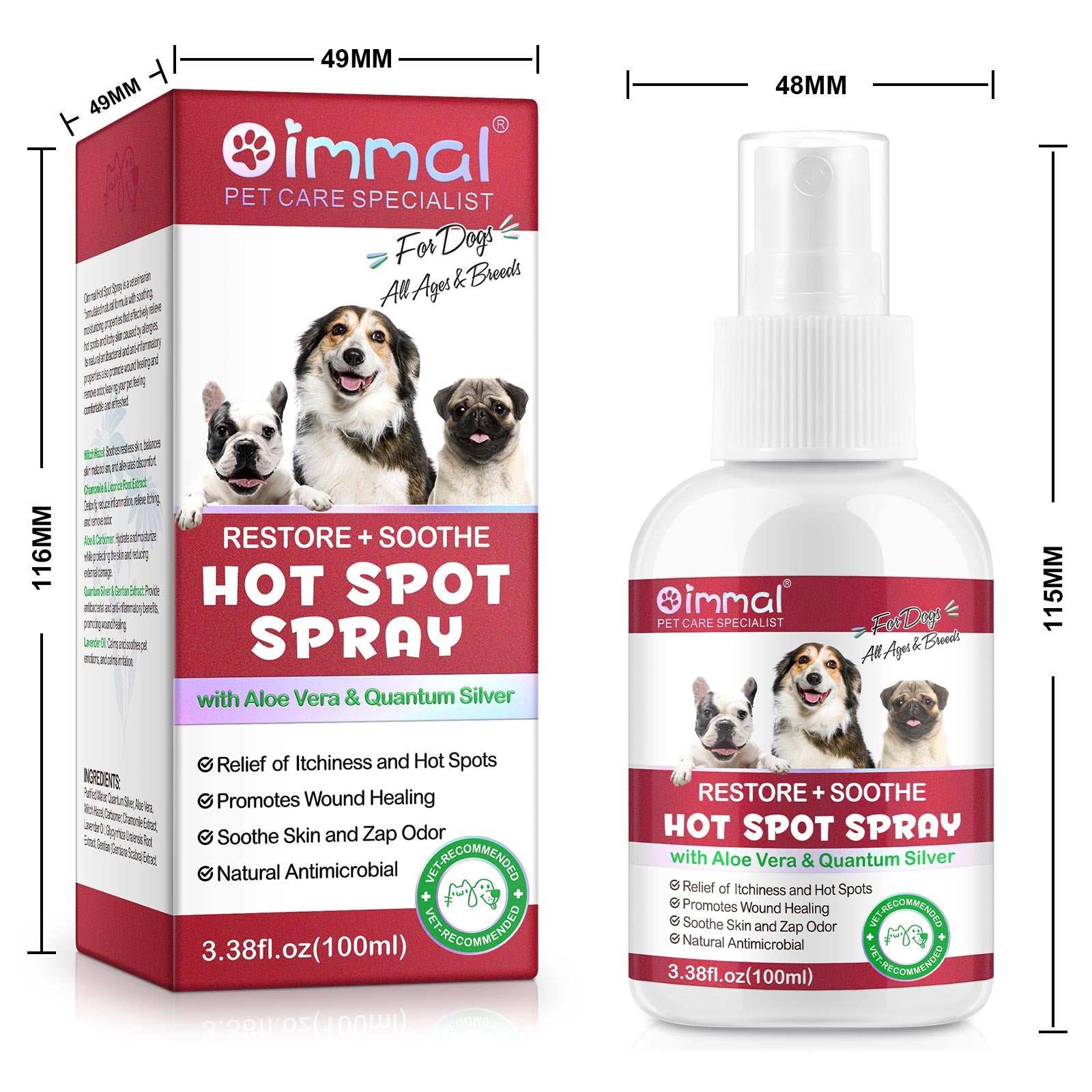 Oimmal Hot Spot Relief Spray for dogs with Aloe Vera and Quantum Silver for soothing itchy skin and hot spots
