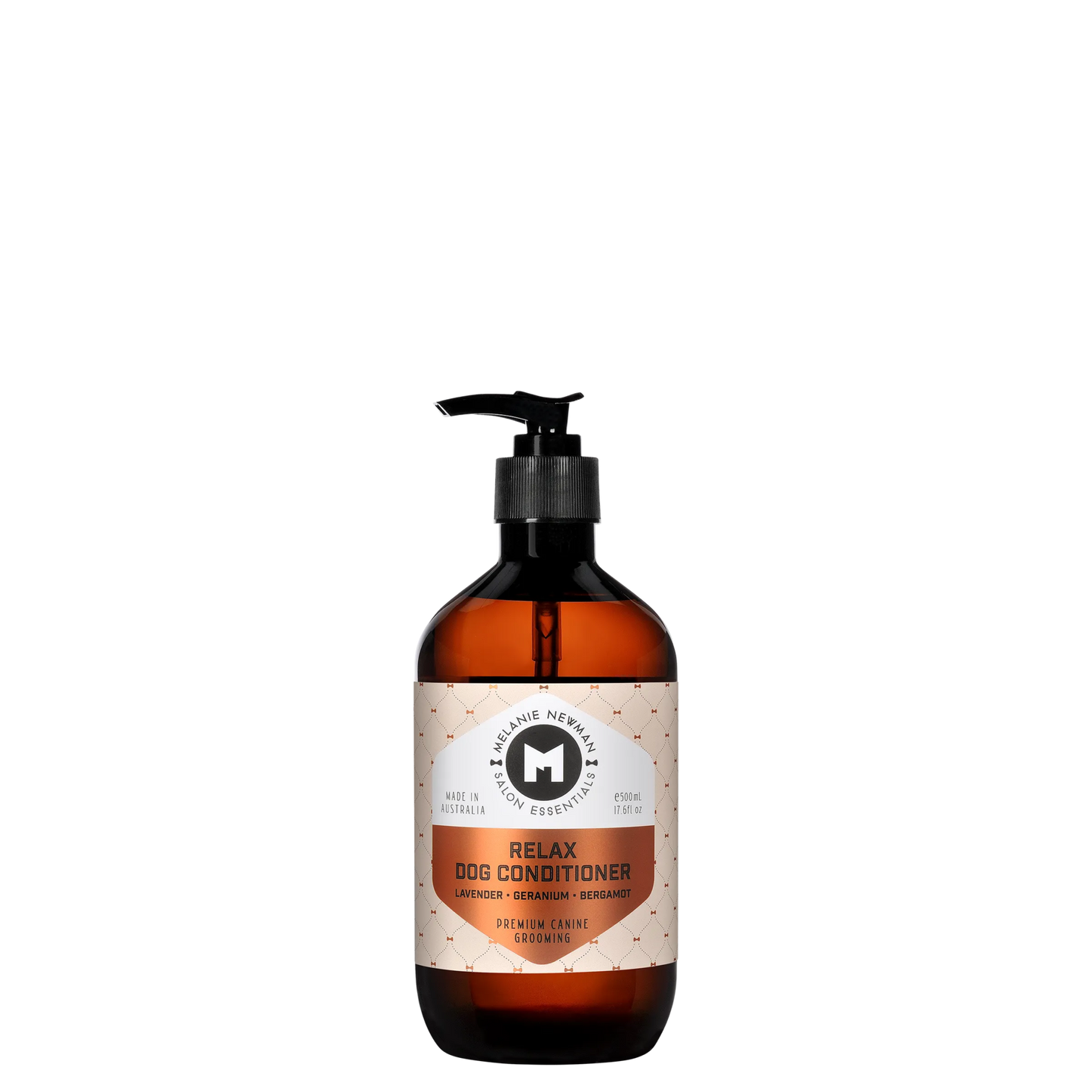 Melanie Newman Relax Dog Conditioner bottle with essential oils for sensitive skin.