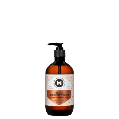 Melanie Newman Relax Dog Conditioner bottle with essential oils for sensitive skin.