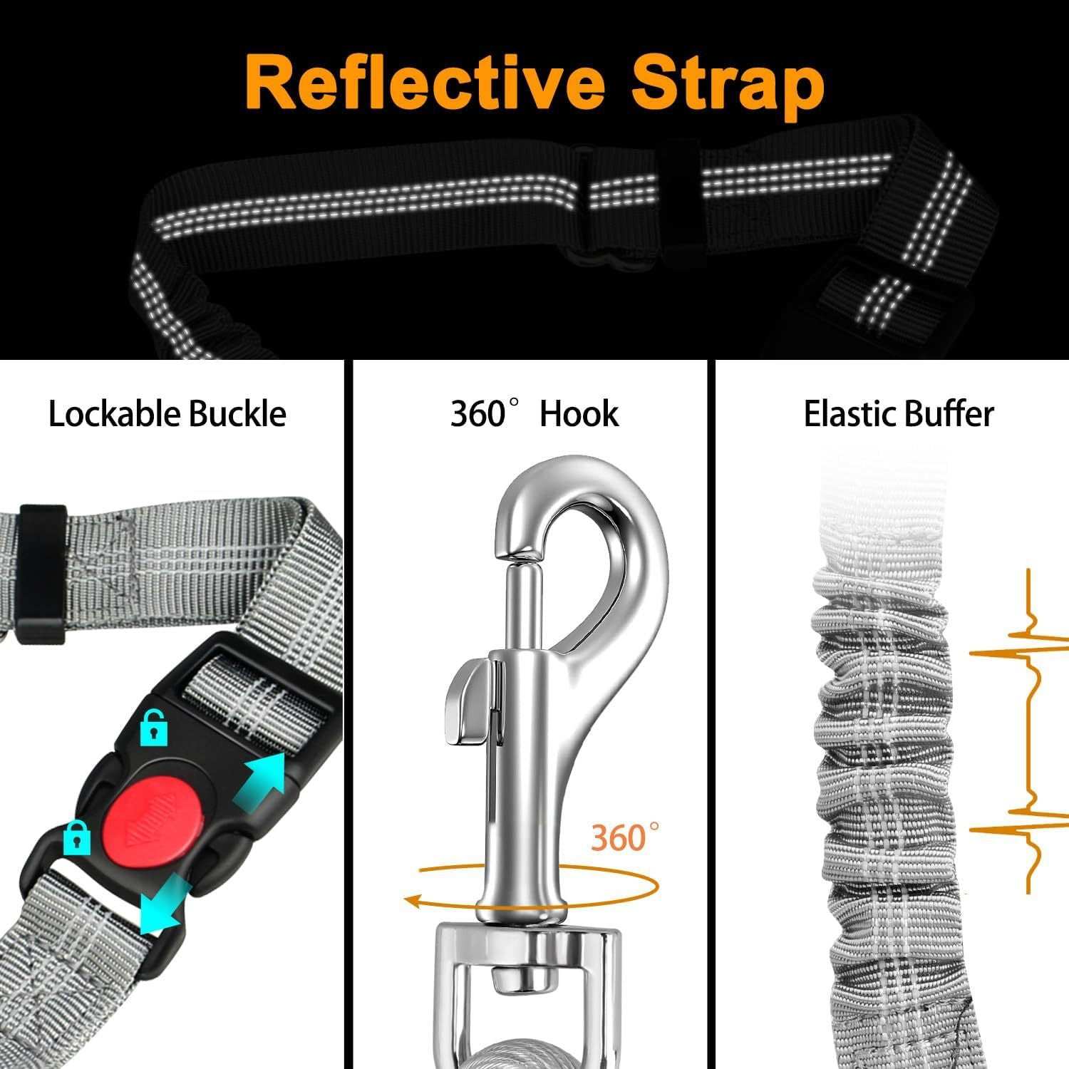 Single chew proof dog seatbelt with reflective strap, lockable buckle, and shock-absorbing buffer for safe and durable pet travel restraint