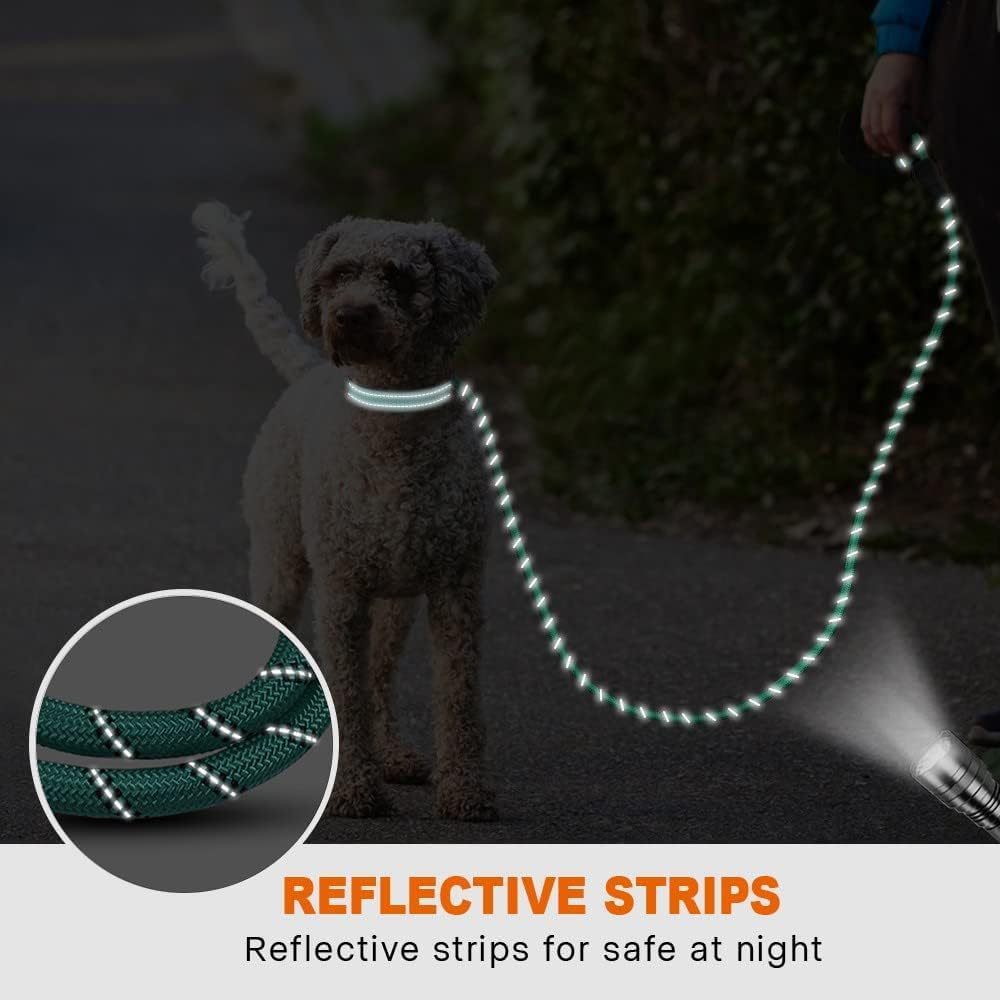 Single bungee rope dog leash with padded handle and 360° swivel clasp, includes free poop holder offer