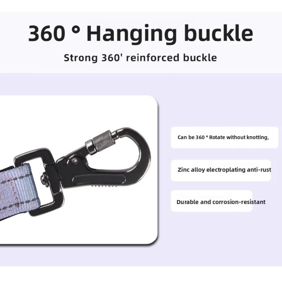 Reflective dog bungee leash with 360-degree rotating anti-rust zinc alloy buckle for durable, tangle-free use.