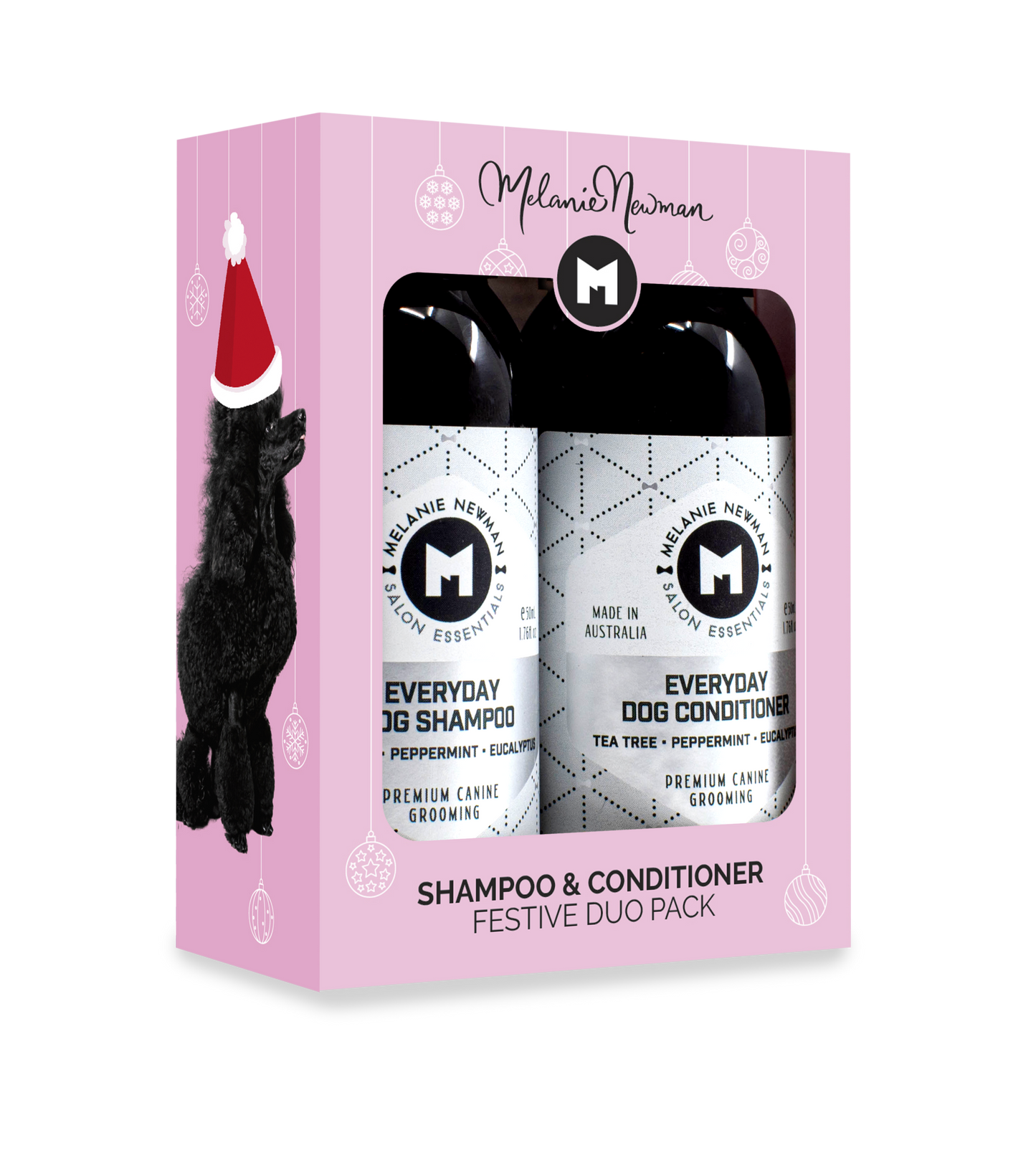 Melanie Newman Duo Sample Pack Shampoo and Conditioner gift set in festive packaging.