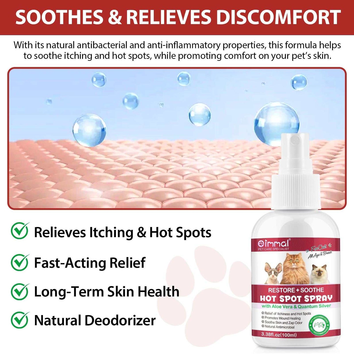 Oimmal Hot Spot Relief Spray for cats with aloe vera and quantum silver, soothes itching and hot spots, fast-acting, natural skin healing and deodorizer.