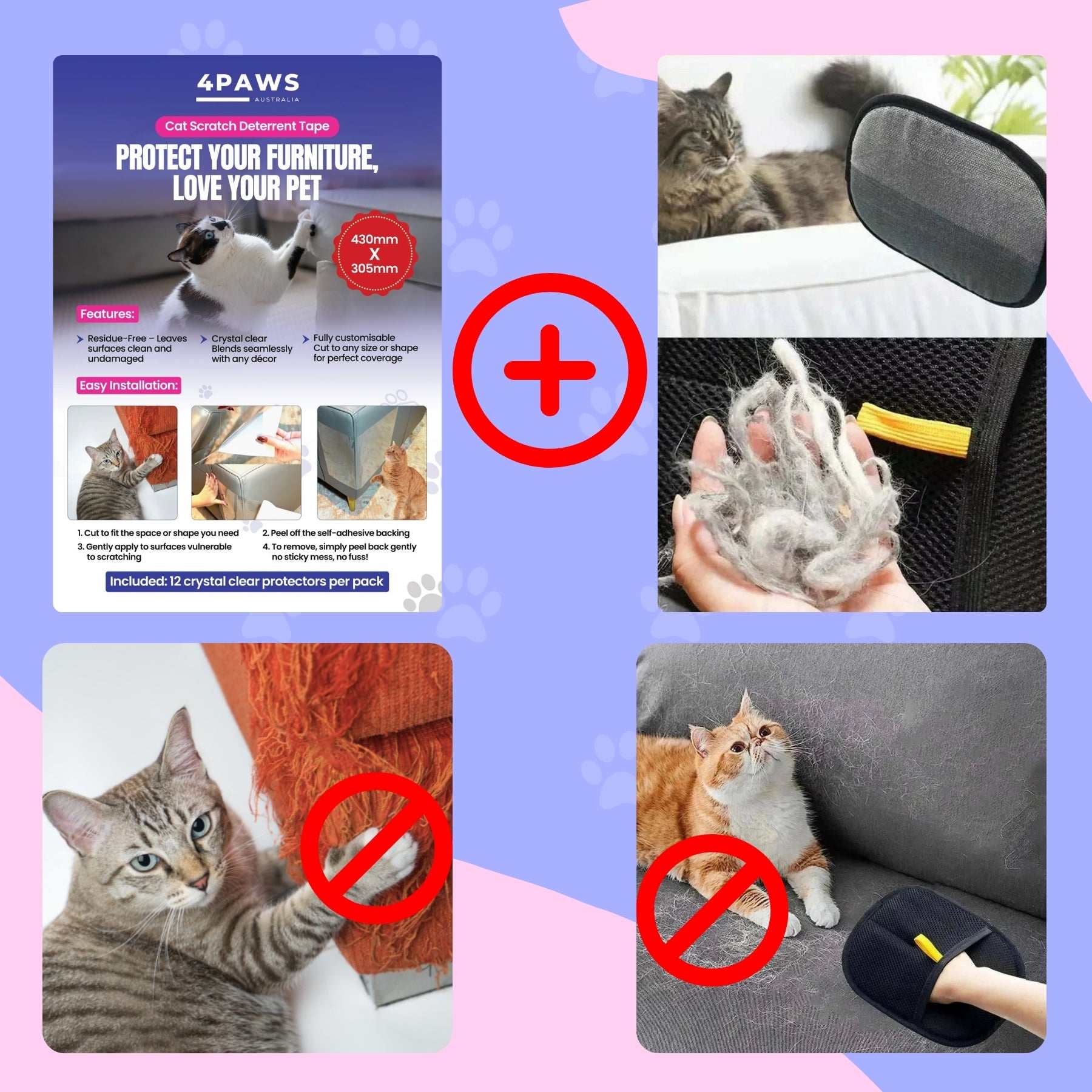 Cat Vs Couch Defender Duo Bundle with cat scratch deterrent tape and eco-friendly fur removal glove protecting furniture from cat scratches and fur