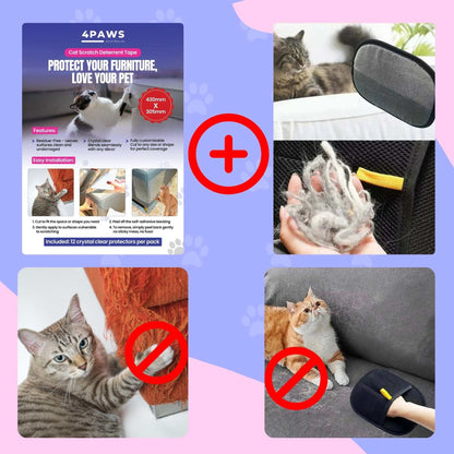 Cat Vs Couch Defender Duo Bundle with cat scratch deterrent tape and eco-friendly fur removal glove protecting furniture from cat scratches and fur