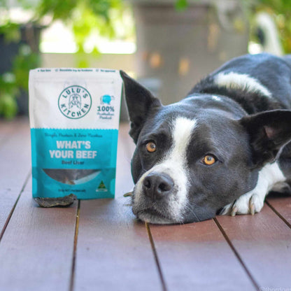 Beef Liver dog treat in Australian-made packaging with resting dog.